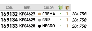 ﻿C D.,﻿REF.,,﻿COLOR,￼,￼,﻿PVO,﻿﻿﻿169132﻿,﻿﻿KF04627﻿,●,﻿﻿CREMA﻿,﻿ ﻿,﻿1﻿,﻿﻿204,75€﻿,﻿﻿﻿169134﻿,﻿﻿KF04629﻿,●,﻿﻿GRIS﻿,﻿ ﻿...