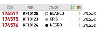 ﻿C D.,REF.,,color,￼,￼,﻿PVO,﻿174577﻿,﻿KF10125﻿,●,﻿BLANCO﻿,﻿ ﻿,﻿1﻿,﻿211,25€﻿,﻿﻿﻿174575﻿,﻿KF10123﻿,●,﻿GRIS﻿,﻿ ﻿,﻿1﻿,﻿﻿2...