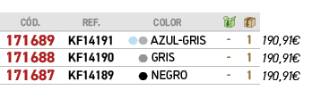 ﻿C D.,REF., ,﻿COLOR,￼,￼,﻿PVO,﻿﻿﻿171689﻿,﻿KF14191﻿,●●,﻿﻿AZUL GRIS﻿,﻿ ﻿,﻿1﻿,﻿﻿190,91€﻿,﻿﻿﻿171688﻿,﻿KF14190﻿,●,﻿﻿GRIS﻿,...