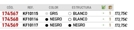 ﻿C D.,REF.,,color,,ESTRUCTURA,￼,￼,﻿PVO,﻿﻿﻿174567﻿,﻿KF10115﻿,●,﻿GRIS﻿,●,﻿BLANCO﻿,﻿ ﻿,﻿1﻿,﻿﻿173,75€﻿,﻿174568﻿,﻿KF10116...