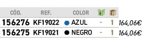 ﻿C D.,﻿REF., ,﻿COLOR,￼,￼,﻿PVO,﻿﻿﻿156276﻿,﻿﻿KF19022﻿,●,﻿﻿AZUL﻿,﻿ ﻿,﻿1﻿,﻿﻿164,06€﻿,﻿﻿﻿156275﻿,﻿﻿KF19021﻿,●,﻿﻿NEGRO﻿,﻿ ...