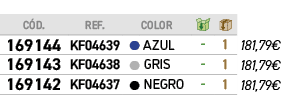 ﻿C D.,﻿REF.,,﻿COLOR,￼,￼,﻿PVO,﻿﻿﻿169144﻿,﻿﻿KF04639﻿,●,﻿﻿AZUL﻿,﻿ ﻿,﻿1﻿,﻿﻿181,79€﻿,﻿﻿﻿169143﻿,﻿﻿KF04638﻿,●,﻿﻿GRIS﻿,﻿ ﻿,...