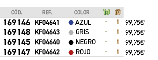 ﻿C D.,﻿REF.,,﻿COLOR,￼,￼,﻿PVO,﻿﻿﻿169146﻿,﻿﻿KF04641﻿,●,﻿﻿AZUL﻿,﻿ ﻿,﻿1﻿,﻿﻿99,75€﻿,﻿﻿﻿169148﻿,﻿﻿KF04643﻿,●,﻿﻿GRIS﻿,﻿ ﻿,﻿...
