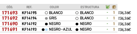 ﻿C D.,REF., ,﻿COLOR,,ESTRUCTURA,￼,￼,﻿PVO,﻿﻿﻿171693﻿,﻿KF14195﻿,●,﻿﻿BLANCO﻿,●,﻿BLANCO﻿,﻿ ﻿,﻿1﻿,﻿﻿136,36€﻿,﻿﻿﻿171692﻿,﻿...