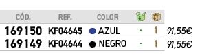 ﻿C D.,﻿REF.,,﻿COLOR,￼,￼,﻿PVO,﻿﻿﻿169150﻿,﻿﻿KF04645﻿,●,﻿﻿AZUL﻿,﻿ ﻿,﻿1﻿,﻿﻿91,55€﻿,﻿﻿﻿169149﻿,﻿﻿KF04644﻿,●,﻿﻿NEGRO﻿,﻿ ﻿,...