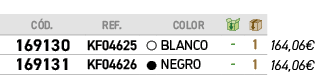 ﻿C D.,﻿REF.,,﻿COLOR,￼,￼,﻿PVO,﻿﻿﻿169130﻿,﻿﻿KF04625﻿,●,﻿﻿BLANCO﻿,﻿ ﻿,﻿1﻿,﻿﻿164,06€﻿,﻿﻿﻿169131﻿,﻿﻿KF04626﻿,●,﻿﻿NEGRO﻿,﻿...