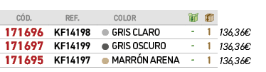 ﻿C D.,REF., ,﻿COLOR,￼,￼,﻿PVO,﻿﻿﻿171696﻿,﻿KF14198﻿,●,﻿﻿GRIS CLARO﻿,﻿ ﻿,﻿1﻿,﻿﻿136,36€﻿,﻿﻿﻿171697﻿,﻿KF14199﻿,●,﻿﻿GRIS O...