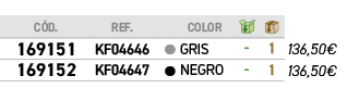 ﻿C D.,﻿REF.,,color,￼,￼,﻿PVO,﻿﻿﻿169151﻿,﻿﻿KF04646﻿,●,gris,﻿ ﻿,﻿1﻿,﻿﻿136,50€﻿,﻿﻿﻿169152﻿,﻿﻿KF04647﻿,●,negro,﻿ ﻿,﻿1﻿,﻿﻿...