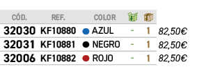 ﻿C D.,﻿REF., ,﻿COLOR,￼,￼,﻿PVO,﻿﻿﻿32030﻿,﻿﻿KF10880﻿,●,﻿AZUL﻿,﻿ ﻿,﻿1﻿,﻿﻿82,50€﻿,﻿﻿﻿32031﻿,﻿﻿KF10881﻿,●,﻿NEGRO﻿,﻿ ﻿,﻿1﻿...