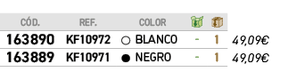 ﻿C D.,﻿REF.,,﻿COLOR,￼,￼,﻿PVO,﻿﻿﻿163890﻿,﻿﻿KF10972﻿,●,﻿﻿BLANCO﻿,﻿ ﻿,﻿1﻿,﻿﻿49,09€﻿,﻿﻿﻿163889﻿,﻿﻿KF10971﻿,●,﻿﻿NEGRO﻿,﻿ ...
