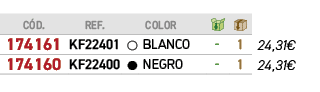 ﻿C D.,﻿REF.,﻿,﻿COLOR,￼,￼,﻿PVO,﻿﻿﻿174161﻿,﻿﻿KF22401﻿,﻿￼,﻿﻿BLANCO﻿,﻿ ﻿,﻿1﻿,﻿﻿24,31€﻿,﻿﻿﻿174160﻿,﻿﻿KF22400﻿,﻿￼,﻿﻿NEGRO﻿...