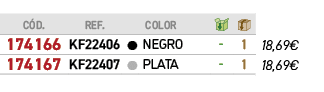 ﻿C D.,﻿REF.,﻿,﻿COLOR,￼,￼,﻿PVO,﻿﻿﻿174166﻿,﻿﻿KF22406﻿,﻿￼,﻿﻿NEGRO﻿,﻿ ﻿,﻿1﻿,﻿﻿18,69€﻿,﻿﻿﻿174167﻿,﻿﻿KF22407﻿,﻿￼,﻿﻿PLATA﻿,...