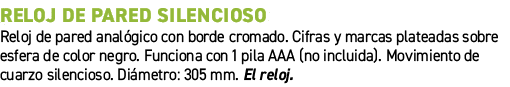 Reloj de pared silencioso﻿ ﻿Reloj de pared anal gico con borde cromado. Cifras y marcas plateadas sobre esfera de co...