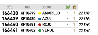 ﻿C D.,﻿REF.,,﻿COLOR,￼,￼,﻿PVO,﻿﻿﻿166438﻿,﻿﻿KF10479﻿,●,﻿﻿AMARILLO﻿,﻿ ﻿,﻿1﻿,﻿﻿22,17€﻿,﻿﻿﻿166439﻿,﻿﻿KF10480﻿,●,﻿﻿AZUL﻿,﻿...