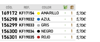 ﻿C D.,﻿REF., ,﻿COLOR,￼,￼,﻿PVO,﻿﻿﻿169172﻿,﻿﻿KF17154﻿,●,﻿﻿AMARILLO﻿,﻿ ﻿,﻿1﻿,﻿﻿5,70€﻿,﻿﻿﻿156298﻿,﻿﻿KF19032﻿,●,﻿﻿AZUL﻿,﻿...