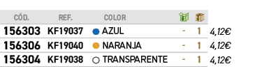 ﻿C D.,﻿REF., ,﻿COLOR,￼,￼,﻿PVO,﻿﻿﻿156303﻿,﻿﻿KF19037﻿,●,﻿﻿AZUL﻿,﻿ ﻿,﻿1﻿,﻿﻿4,12€﻿,﻿﻿﻿156306﻿,﻿﻿KF19040﻿,●,﻿﻿NARANJA﻿,﻿ ...