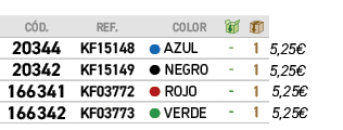 ﻿C D.,REF., ,﻿COLOR,￼,￼,﻿PVO,﻿﻿20344﻿,﻿KF15148﻿,●,﻿Azul﻿,﻿ ﻿,﻿1﻿,﻿﻿5,25€﻿,﻿﻿20342﻿,﻿KF15149﻿,●,﻿Negro﻿,﻿ ﻿,﻿1﻿,﻿﻿5,2...
