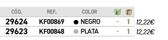 C D.,REF., ,COLOR,￼,￼,﻿,﻿﻿29624﻿,﻿KF00869﻿,●,﻿Negro﻿,﻿ ﻿,﻿1﻿,﻿﻿12,22€﻿,﻿﻿29623﻿,﻿KF00848﻿,●,﻿Plata﻿,﻿ ﻿,﻿1﻿,﻿﻿12,22€﻿