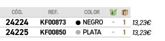 C D.,REF., ,COLOR,￼,￼,﻿,﻿﻿24224﻿,﻿KF00873﻿,●,﻿Negro﻿,﻿ ﻿,﻿1﻿,﻿﻿13,23€﻿,﻿﻿24225﻿,﻿KF00850﻿,●,﻿Plata﻿,﻿ ﻿,﻿1﻿,﻿﻿13,23€﻿
