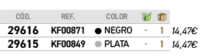 C D.,REF., ,COLOR,￼,￼,﻿,﻿﻿29616﻿,﻿KF00871﻿,●,﻿Negro﻿,﻿ ﻿,﻿1﻿,﻿﻿14,47€﻿,﻿﻿29615﻿,﻿KF00849﻿,●,﻿Plata﻿,﻿ ﻿,﻿1﻿,﻿﻿14,47€﻿