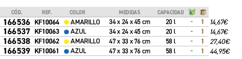 ﻿C D.,﻿REF.,,﻿COLOR,﻿Medidas,﻿Capacidad,￼,￼,﻿PVO,﻿﻿﻿166536﻿,﻿﻿KF10064﻿,●,﻿﻿AMARILLO﻿,﻿﻿34 x 24 x 45 cm﻿,﻿﻿20 l﻿,﻿ ﻿,...
