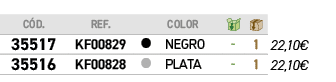 C D.,REF., ,COLOR,￼,￼,﻿,﻿﻿35517﻿,﻿KF00829﻿, ●,﻿Negro﻿,﻿ ﻿,﻿1﻿,﻿﻿22,10€﻿,﻿﻿35516﻿,﻿KF00828﻿, ●,﻿Plata﻿,﻿ ﻿,﻿1﻿,﻿﻿22,10€﻿