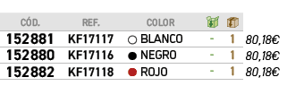 ﻿C D.,﻿REF., ,﻿color,￼,￼,﻿,﻿﻿﻿152881﻿,﻿﻿KF17117﻿,●,﻿﻿BLANCO﻿,﻿ ﻿,﻿1﻿,﻿﻿80,18€﻿,﻿﻿﻿152880﻿,﻿﻿KF17116﻿,●,﻿﻿NEGRO﻿,﻿ ﻿,...