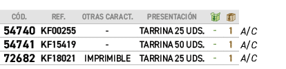 C D.,REF.,OTRAs CARACT.,PRESENTACI N,￼,￼,﻿,﻿54740﻿,KF00255, ,﻿TARRINA 25 UDS.﻿,﻿ ﻿,﻿1﻿,﻿﻿A/C﻿,﻿54741﻿,KF15419, ,﻿TARR...