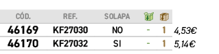 C D.,REF.,solapa,￼,￼,﻿,﻿46169﻿,KF27030 ,﻿No﻿,﻿ ﻿,﻿1﻿,﻿﻿4,53€﻿,﻿46170﻿ ,KF27032 ,﻿Si﻿,﻿ ﻿,﻿1﻿,﻿﻿5,14€﻿