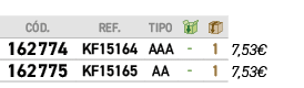 ﻿C D.,﻿REF.,﻿TIPO,￼,￼,﻿PVO,﻿﻿﻿162774﻿,﻿﻿KF15164﻿,﻿﻿AAA﻿,﻿ ﻿,﻿1﻿,﻿﻿7,53€﻿,﻿﻿﻿162775﻿,﻿﻿KF15165﻿,﻿﻿AA﻿,﻿ ﻿,﻿1﻿,﻿﻿7,53€﻿