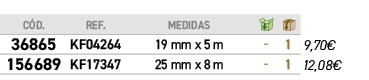 ﻿C D.,﻿REF.,﻿Medidas,￼,￼,﻿PVO,﻿﻿﻿36865﻿,﻿﻿KF04264﻿,﻿﻿19 mm x 5 m﻿,﻿ ﻿,﻿1﻿,﻿﻿9,70€﻿,﻿﻿﻿156689﻿,﻿﻿KF17347﻿,﻿﻿25 mm x 8...