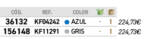 ﻿C D.,﻿REF., ,﻿COLOR,￼,￼,﻿PVO,﻿﻿﻿36132﻿,﻿﻿KF04242﻿,●,﻿﻿AZUL﻿,﻿ ﻿,﻿1﻿,﻿﻿224,73€﻿,﻿﻿﻿156148﻿,﻿﻿KF11291﻿,●,﻿﻿GRIS﻿,﻿ ﻿,...