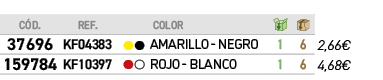 ﻿C D.,﻿REF.,,﻿COLOR,￼,￼,﻿PVO,﻿﻿﻿37696﻿,﻿﻿KF04383﻿,●●,﻿﻿AMARILLO NEGRO﻿,﻿1﻿,﻿6﻿,﻿﻿2,66€﻿,﻿﻿﻿159784﻿,﻿﻿KF10397﻿,●●,﻿﻿R...