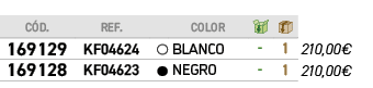 ﻿C D.,REF.,,﻿COLOR,￼,￼,﻿PVO,﻿﻿﻿169129﻿,﻿KF04624﻿,●,﻿﻿BLANCO﻿,﻿ ﻿,﻿1﻿,﻿﻿210,00€﻿,﻿﻿﻿169128﻿,﻿KF04623﻿,●,﻿﻿NEGRO﻿,﻿ ﻿,...