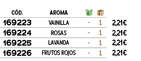 ﻿C D.,﻿AROMA,￼,￼,﻿PVO,﻿﻿﻿169223﻿,﻿﻿VAINILLA﻿,﻿ ﻿,﻿1﻿,﻿﻿2,21€﻿,﻿﻿﻿169224﻿,﻿﻿ROSAS﻿,﻿ ﻿,﻿1﻿,﻿﻿2,21€﻿,﻿﻿﻿169225﻿,﻿﻿LAVA...