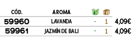 C D.,AROMA,￼,￼,﻿,﻿59960﻿,﻿LAVANDA﻿,﻿ ﻿,﻿1﻿,﻿﻿4,09€﻿,﻿59961﻿,﻿JAZM N DE BALI﻿,﻿ ﻿,﻿1﻿,﻿﻿4,09€﻿