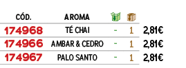 ﻿C D.,aroma,￼,￼,﻿PVO,﻿﻿﻿174968﻿,﻿T CHAI﻿,﻿ ﻿,﻿1﻿,﻿﻿2,81€﻿,﻿﻿﻿174966﻿,﻿AMBAR & CEDRO﻿,﻿ ﻿,﻿1﻿,﻿﻿2,81€﻿,﻿﻿﻿174967﻿,﻿P...