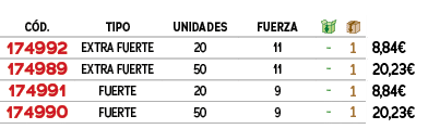 ﻿C D.,tipo,unidades,fuerza,￼,￼,﻿PVO,﻿﻿﻿174992﻿,﻿EXTRA FUERTE﻿,﻿20﻿,﻿11﻿,﻿ ﻿,﻿1﻿,﻿﻿8,84€﻿,﻿﻿﻿174989﻿,﻿EXTRA FUERTE﻿,﻿...