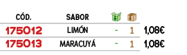 ﻿C D.,sabor,￼,￼,﻿PVO,﻿﻿﻿175012﻿,﻿LIM N﻿,﻿ ﻿,﻿1﻿,﻿﻿1,08€﻿,﻿﻿﻿175013﻿,﻿MARACUY ﻿,﻿ ﻿,﻿1﻿,﻿﻿1,08€﻿