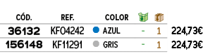 ﻿C D.,﻿REF., ,﻿COLOR,￼,￼,﻿PVO,﻿﻿﻿36132﻿,﻿﻿KF04242﻿,●,﻿﻿AZUL﻿,﻿ ﻿,﻿1﻿,﻿﻿224,73€﻿,﻿﻿﻿156148﻿,﻿﻿KF11291﻿,●,﻿﻿GRIS﻿,﻿ ﻿,...