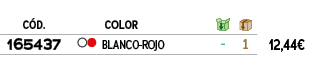 ﻿C D.,,﻿COLOR,￼,￼,﻿PVO,﻿﻿﻿165437﻿,●●,﻿﻿BLANCO ROJO﻿,﻿ ﻿,﻿1﻿,﻿﻿12,44€﻿