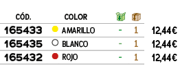 ﻿C D.,,﻿COLOR,￼,￼,﻿PVO,﻿﻿﻿165433﻿,●,﻿﻿AMARILLO﻿,﻿ ﻿,﻿1﻿,﻿﻿12,44€﻿,﻿165435﻿,●,﻿﻿﻿BLANCO﻿,﻿ ﻿,﻿1﻿,﻿12,44€﻿,﻿﻿﻿165432﻿,...