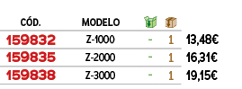 ﻿C D.,modelo,￼,￼,﻿PVO,﻿﻿﻿159832﻿,﻿Z 1000﻿,﻿ ﻿,﻿1﻿,﻿﻿13,48€﻿,﻿﻿﻿159835﻿,﻿Z 2000﻿,﻿ ﻿,﻿1﻿,﻿﻿16,31€﻿,﻿﻿﻿159838﻿,﻿Z 3000...