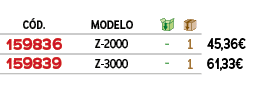 ﻿C D.,modelo,￼,￼,﻿PVO,﻿﻿﻿159836﻿,﻿Z 2000﻿,﻿ ﻿,﻿1﻿,﻿﻿45,36€﻿,﻿﻿﻿159839﻿,﻿Z 3000﻿,﻿ ﻿,﻿1﻿,﻿﻿61,33€﻿