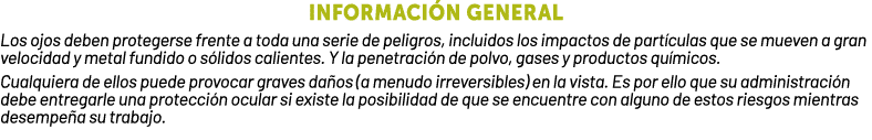informaci n general Los ojos deben protegerse frente a toda una serie de peligros, incluidos los impactos de part cul...