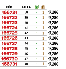 ﻿C D.,﻿TALLA,￼,￼,﻿PVO,﻿﻿166721﻿,﻿﻿38﻿,﻿ ﻿,﻿1﻿,﻿﻿17,28€﻿,﻿﻿166722﻿,﻿﻿39﻿,﻿ ﻿,﻿1﻿,﻿﻿17,28€﻿,﻿﻿166723﻿,﻿﻿40﻿,﻿ ﻿,﻿1﻿,﻿﻿...
