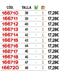 ﻿C D.,﻿TALLA,￼,￼,﻿PVO,﻿﻿166710﻿,﻿﻿38﻿,﻿ ﻿,﻿1﻿,﻿﻿17,28€﻿,﻿﻿166711﻿,﻿﻿39﻿,﻿ ﻿,﻿1﻿,﻿﻿17,28€﻿,﻿﻿166712﻿,﻿﻿40﻿,﻿ ﻿,﻿1﻿,﻿﻿...