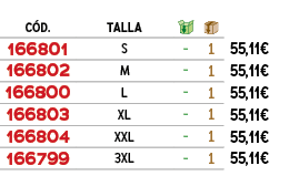 ﻿C D.,talla,￼,￼,﻿PVO,﻿﻿﻿166801﻿,﻿S﻿,﻿ ﻿,﻿1﻿,﻿﻿55,11€﻿,﻿﻿﻿166802﻿,﻿M﻿,﻿ ﻿,﻿1﻿,﻿﻿55,11€﻿,﻿﻿﻿166800﻿,﻿L﻿,﻿ ﻿,﻿1﻿,﻿﻿55,1...