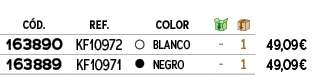 ﻿C D.,﻿REF.,,﻿COLOR,￼,￼,﻿PVO,﻿﻿﻿163890﻿,﻿﻿KF10972﻿,●,﻿﻿BLANCO﻿,﻿ ﻿,﻿1﻿,﻿﻿49,09€﻿,﻿﻿﻿163889﻿,﻿﻿KF10971﻿,●,﻿﻿NEGRO﻿,﻿ ...