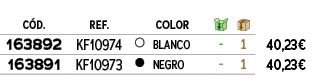 ﻿C D.,﻿REF.,,﻿COLOR,￼,￼,﻿PVO,﻿﻿﻿163892﻿,﻿﻿KF10974﻿,●,﻿﻿BLANCO﻿,﻿ ﻿,﻿1﻿,﻿﻿40,23€﻿,﻿﻿﻿163891﻿,﻿﻿KF10973﻿,●,﻿﻿NEGRO﻿,﻿ ...